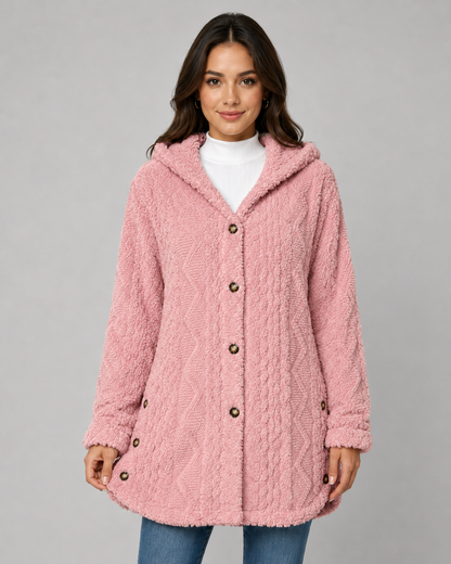 Women's Hooded Teddy Fleece Jacket with Cable Texture