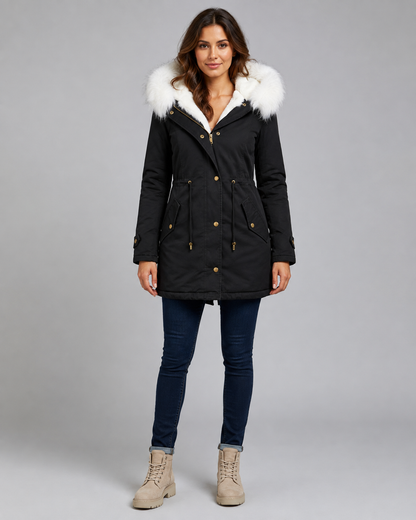 Women's Hooded Winter Parka - Fur Trim Long Drawstring Waist
