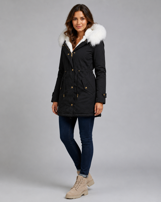 Women's Hooded Winter Parka - Fur Trim Long Drawstring Waist