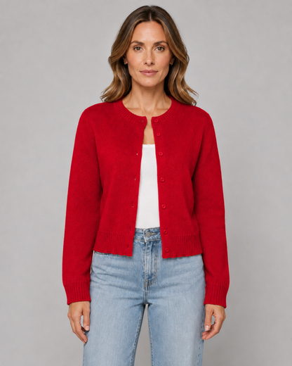Women's Knitted Button Cardigan - Crew Neck Cropped Relaxed Fit