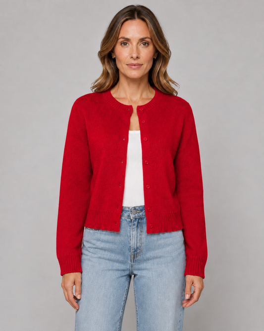 Women's Knitted Button Cardigan - Crew Neck Cropped Relaxed Fit