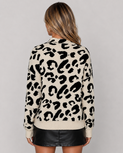 Women's Leopard Print Knitted Sweater - Mock Neck Relaxed Fit
