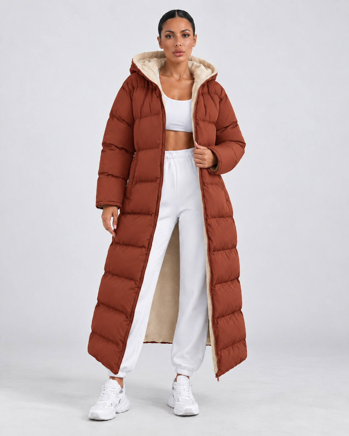 Women's Long Hooded Puffer Coat – Plush-Lined Maxi Full-Zip