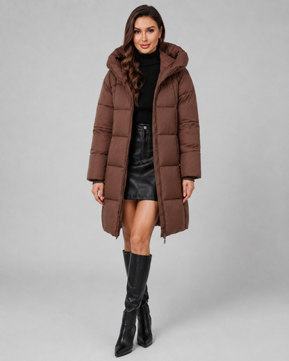 Women's Long Hooded Puffer Coat - Quilted Knee Length Zip Front