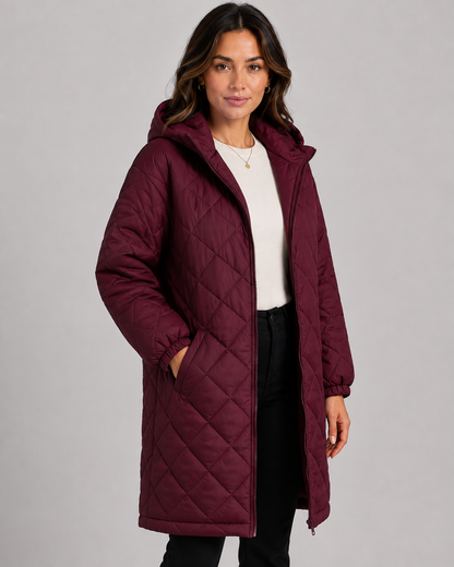 Women's Long Quilted Hooded Puffer Coat - Zip Front Relaxed Fit