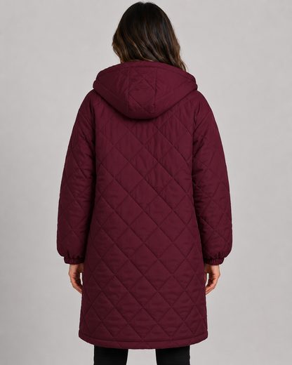 Women's Long Quilted Hooded Puffer Coat - Zip Front Relaxed Fit