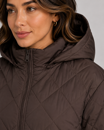 Women's Long Quilted Hooded Puffer Coat - Zip Front Relaxed Fit