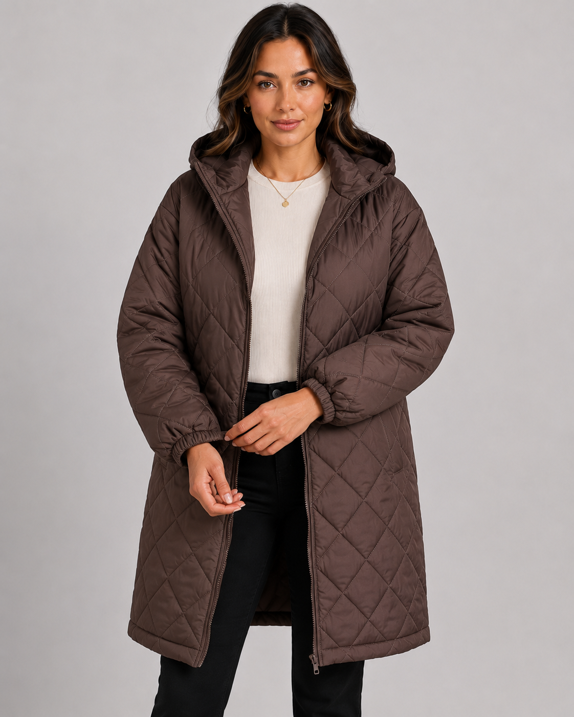 Women's Long Quilted Hooded Puffer Coat - Zip Front Relaxed Fit
