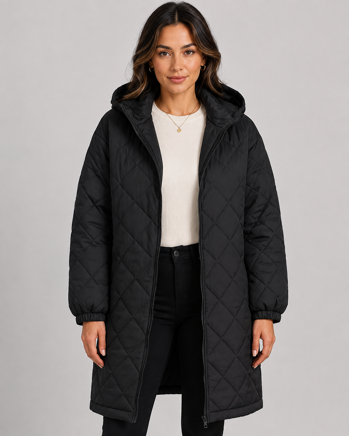 Women's Long Quilted Hooded Puffer Coat - Zip Front Relaxed Fit