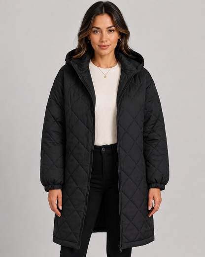 Women's Long Quilted Hooded Puffer Coat - Zip Front Relaxed Fit