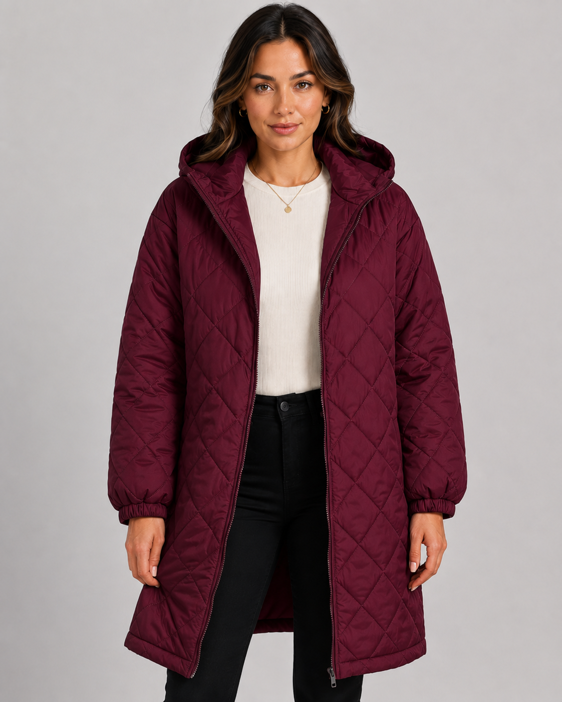Women's Long Quilted Hooded Puffer Coat - Zip Front Relaxed Fit
