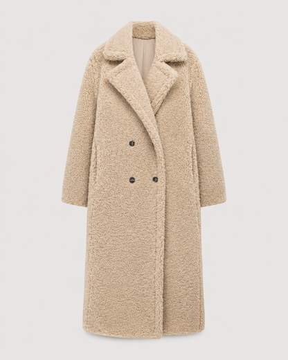 Women's Long Teddy Coat - Double-Breasted Oversized Lapel