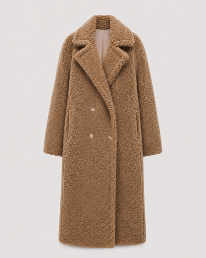 Women's Long Teddy Coat - Double-Breasted Oversized Lapel