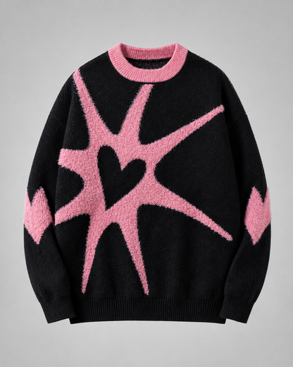 Women's Oversized Graphic Knit Sweater - Black Pink Heart Streetwear