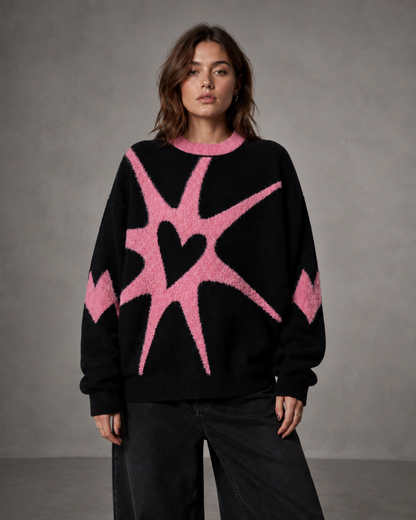 Women's Oversized Graphic Knit Sweater - Black Pink Heart Streetwear