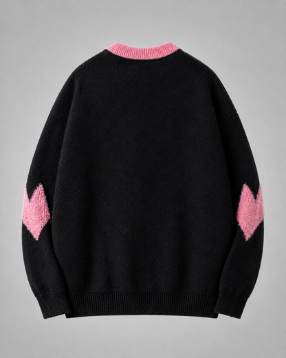Women's Oversized Graphic Knit Sweater - Black Pink Heart Streetwear