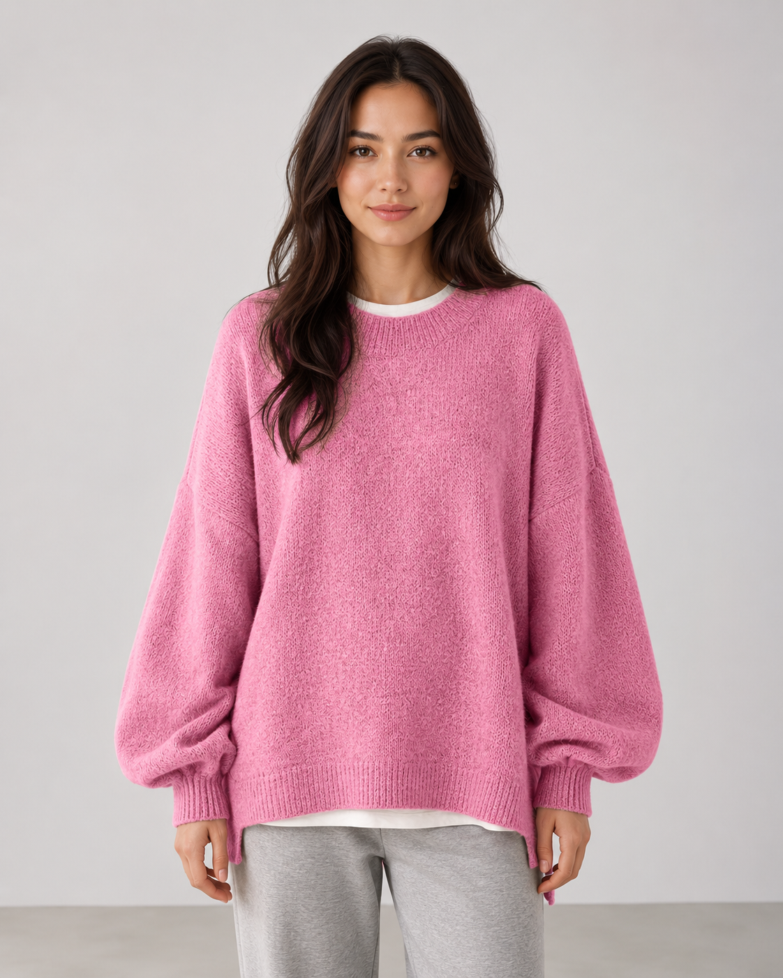 Women's Oversized Knit Sweater – Balloon Sleeve Crew Neck Relaxed Fit