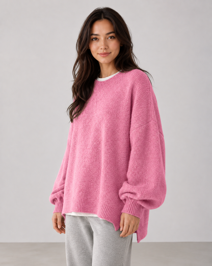 Women's Oversized Knit Sweater – Balloon Sleeve Crew Neck Relaxed Fit