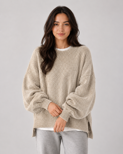 Women's Oversized Knit Sweater – Balloon Sleeve Crew Neck Relaxed Fit