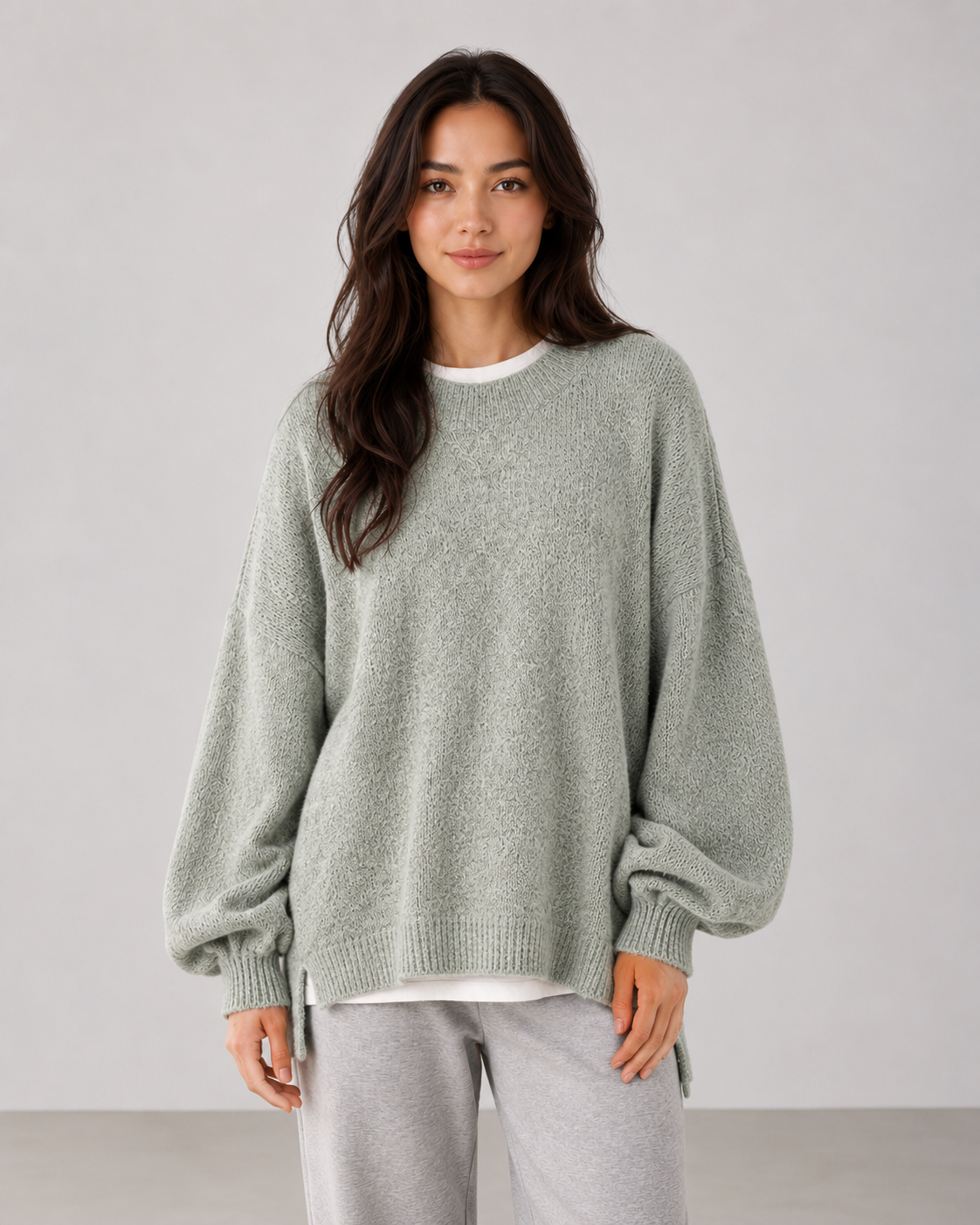 Women's Oversized Knit Sweater – Balloon Sleeve Crew Neck Relaxed Fit