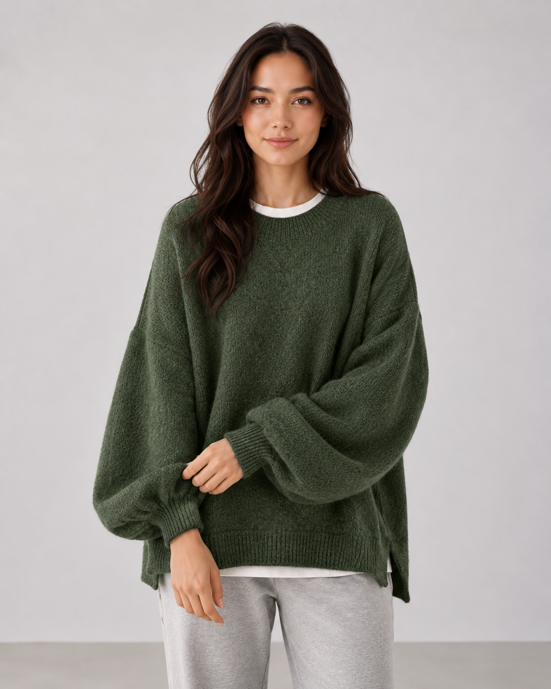 Women's Oversized Knit Sweater – Balloon Sleeve Crew Neck Relaxed Fit