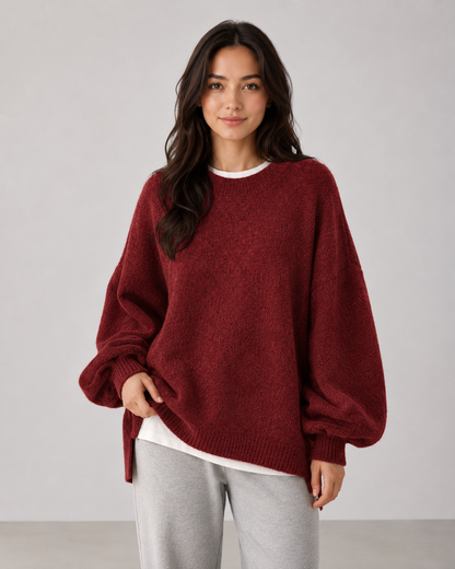 Women's Oversized Knit Sweater – Balloon Sleeve Crew Neck Relaxed Fit