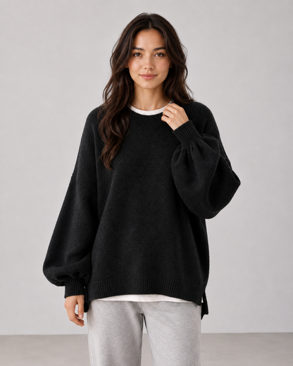 Women's Oversized Knit Sweater – Balloon Sleeve Crew Neck Relaxed Fit