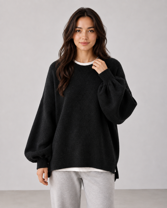 Women's Oversized Knit Sweater – Balloon Sleeve Crew Neck Relaxed Fit