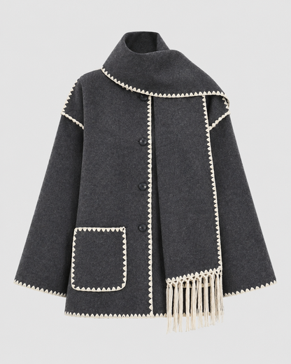 Women's Oversized Scarf Coat - Whipstitch Fringe Trim