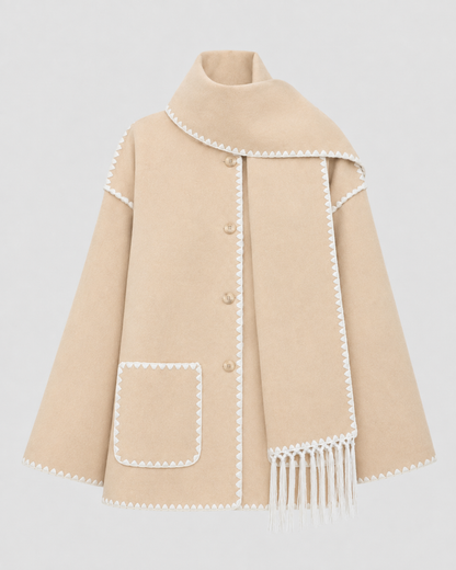 Women's Oversized Scarf Coat - Whipstitch Fringe Trim