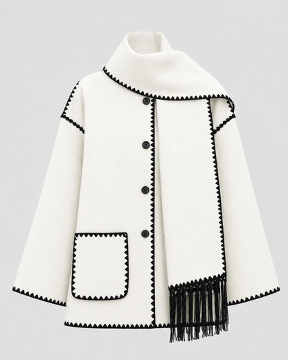 Women's Oversized Scarf Coat - Whipstitch Fringe Trim