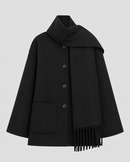 Women's Oversized Scarf Coat - Whipstitch Fringe Trim