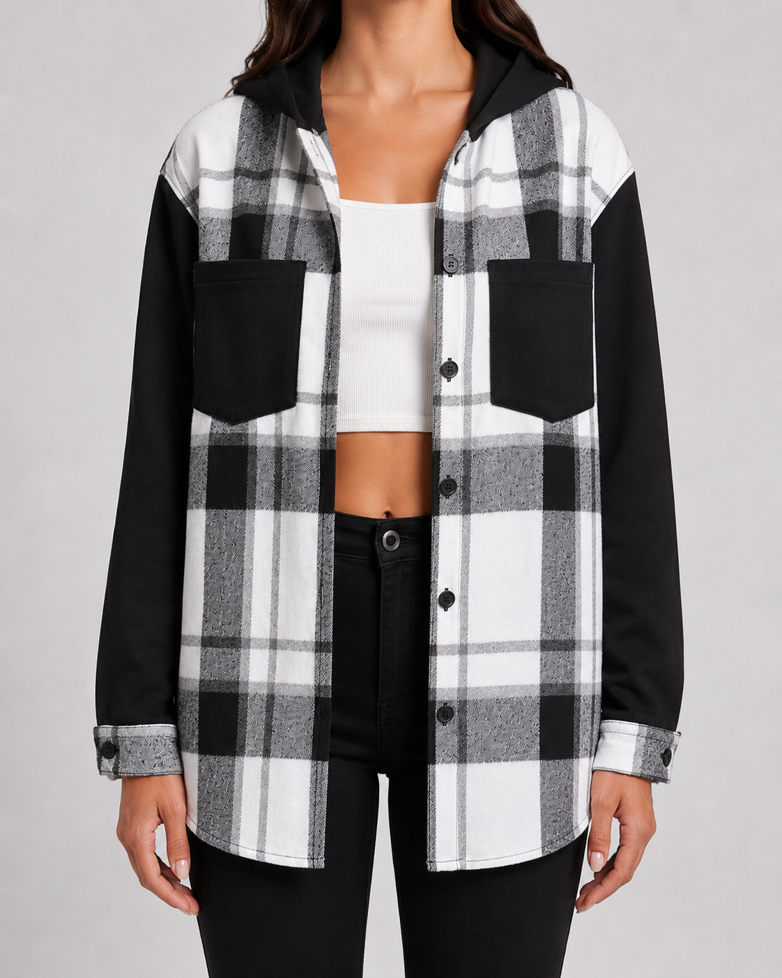 Women's Plaid Hooded Shacket - Contrast Sleeve Jacket