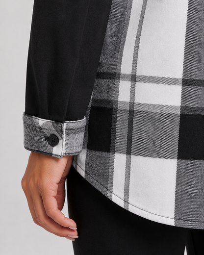 Women's Plaid Hooded Shacket - Contrast Sleeve Jacket