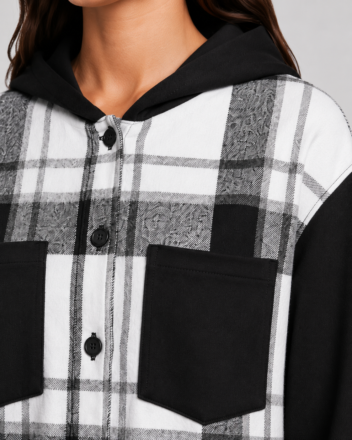 Women's Plaid Hooded Shacket - Contrast Sleeve Jacket