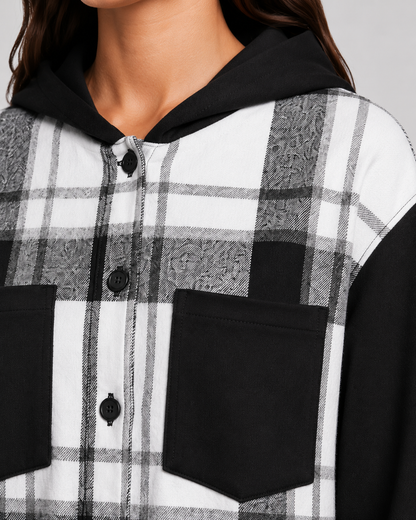 Women's Plaid Hooded Shacket - Contrast Sleeve Jacket