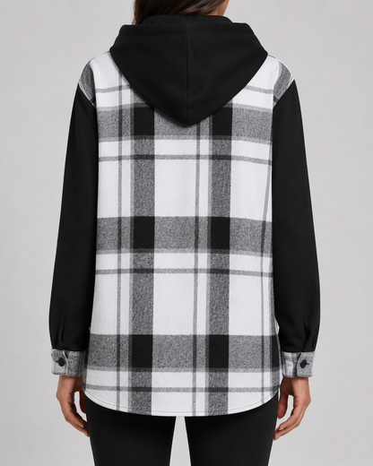 Women's Plaid Hooded Shacket - Contrast Sleeve Jacket