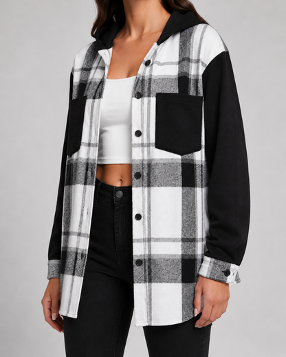 Women's Plaid Hooded Shacket - Contrast Sleeve Jacket