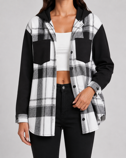 Women's Plaid Hooded Shacket - Contrast Sleeve Jacket