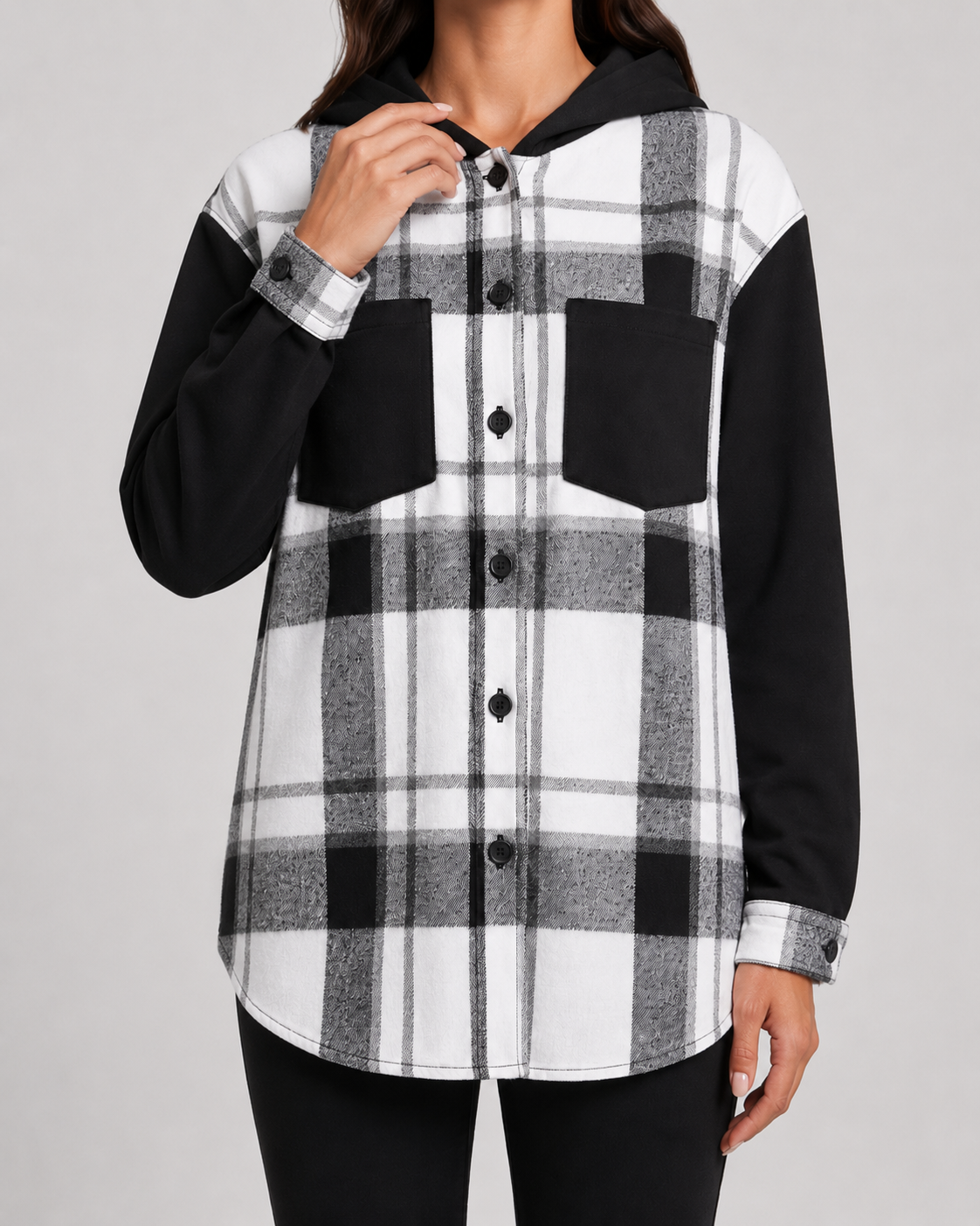 Women's Plaid Hooded Shacket - Contrast Sleeve Jacket