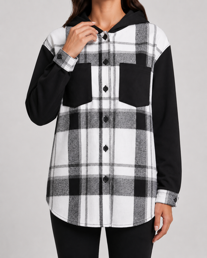 Women's Plaid Hooded Shacket - Contrast Sleeve Jacket
