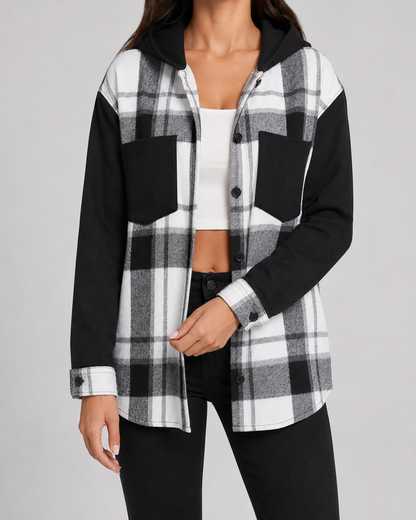 Women's Plaid Hooded Shacket - Contrast Sleeve Jacket