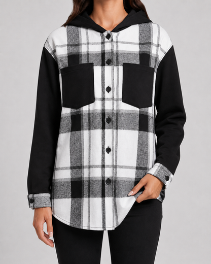 Women's Plaid Hooded Shacket - Contrast Sleeve Jacket