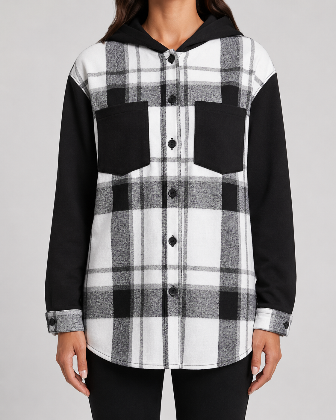 Women's Plaid Hooded Shacket - Contrast Sleeve Jacket
