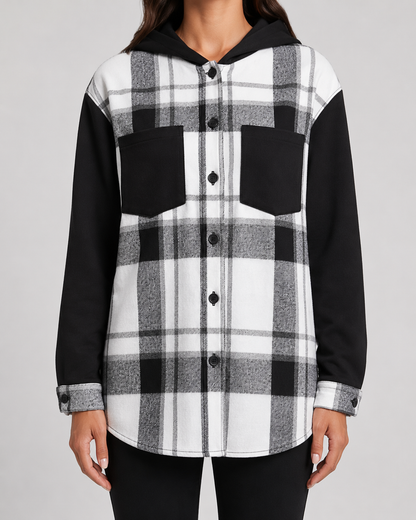 Women's Plaid Hooded Shacket - Contrast Sleeve Jacket