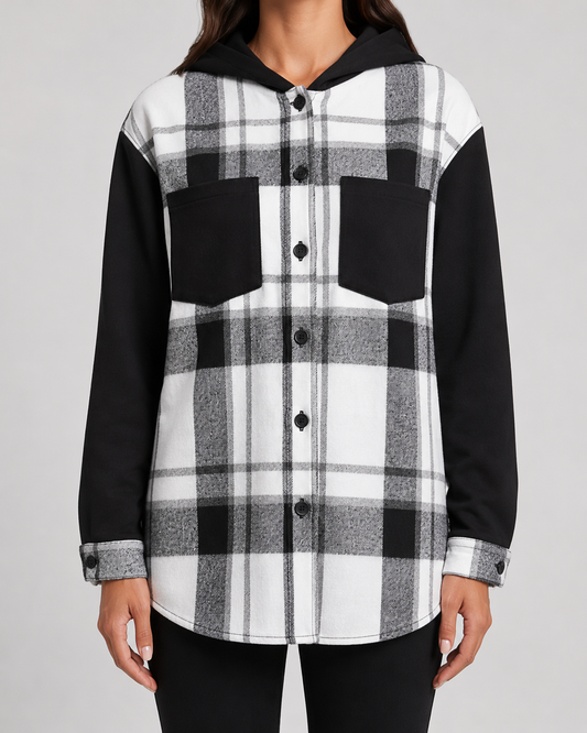 Women's Plaid Hooded Shacket - Contrast Sleeve Jacket