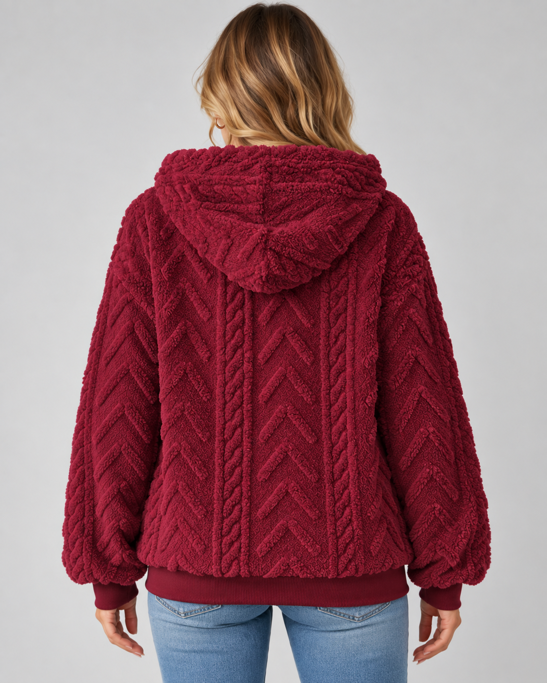 Women's Plush Textured Hoodie – Cable Pattern Relaxed Fit