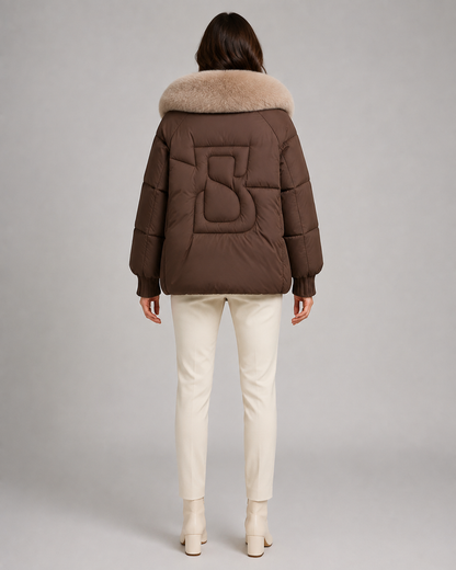 Women's Puffer Jacket - Oversized Fur-Look Collar Short Fit