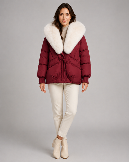 Women's Puffer Jacket - Oversized Fur-Look Collar Short Fit