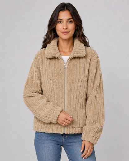 Women's Ribbed Fleece Zip Jacket - Plush Collar Relaxed Fit